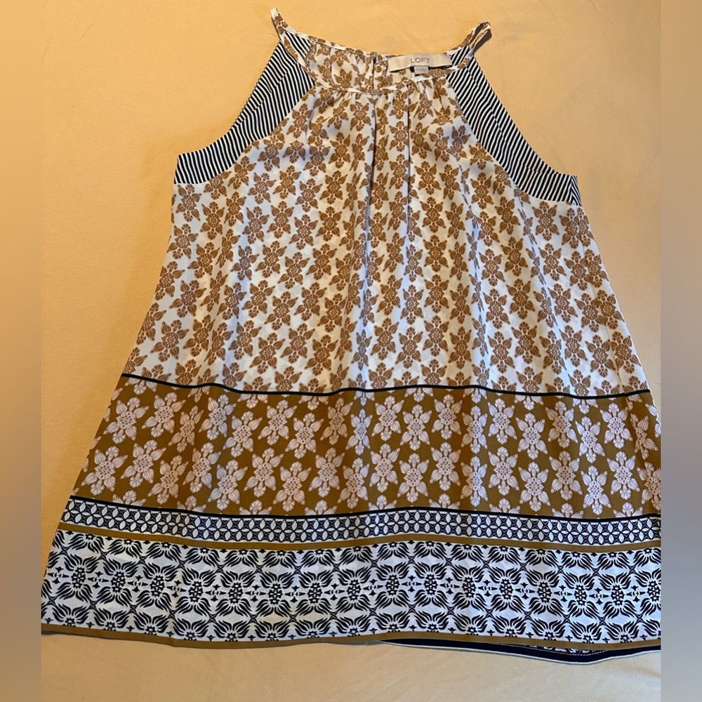 LOFT Cream Tan Floral Border Print Sleeveless Tank, XXS, Like New